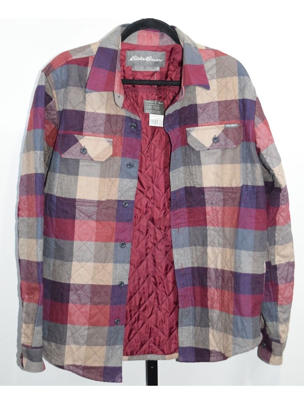 Eddie Bauer Quilted Flannel Shirt Jacket Cabernet Plaid Shacket Medium NWT